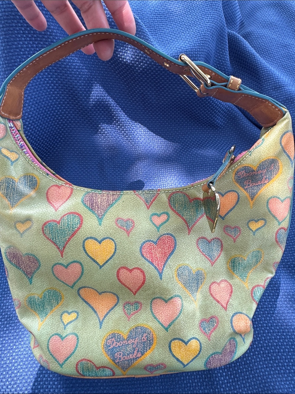 Heart-Print Shoulder Bag in Mint with Multicolor Hearts